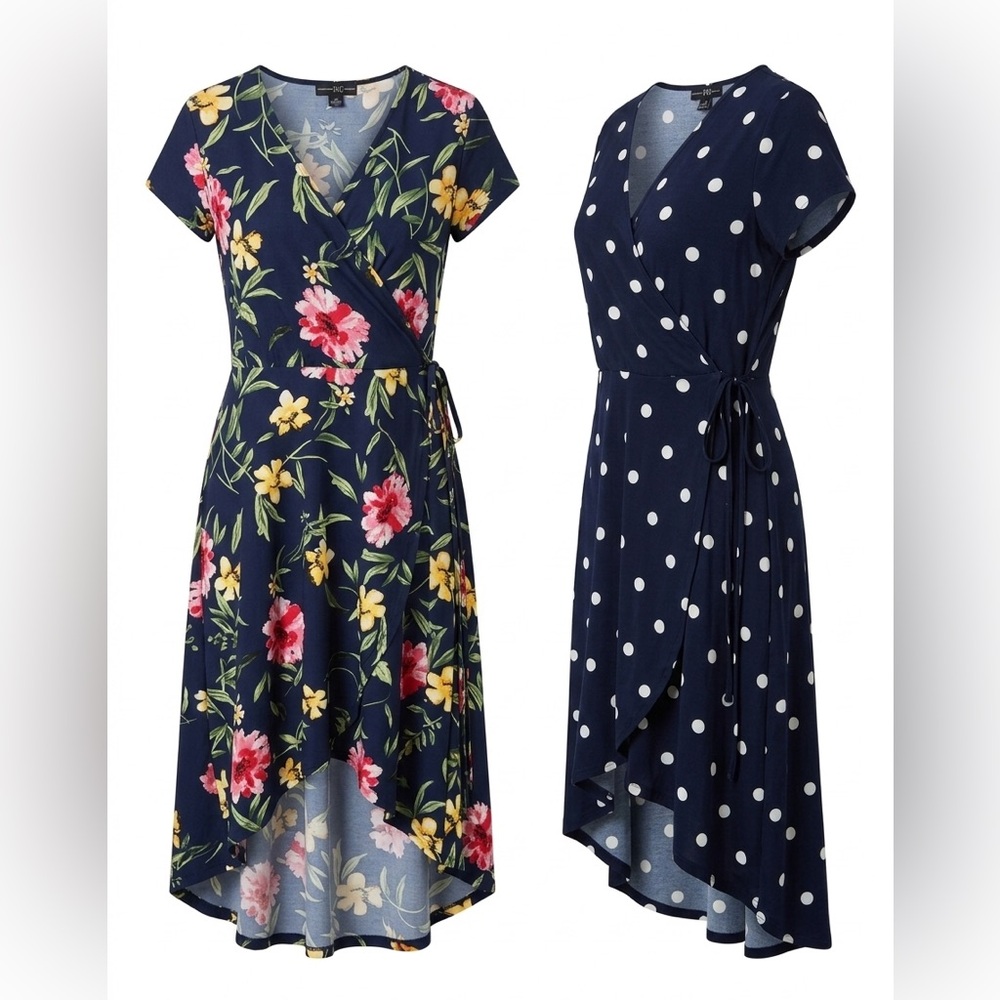 Two Dresses - Navy Faux-Wrap Dress Bundle: Floral & Polka Dot Dress Size Large